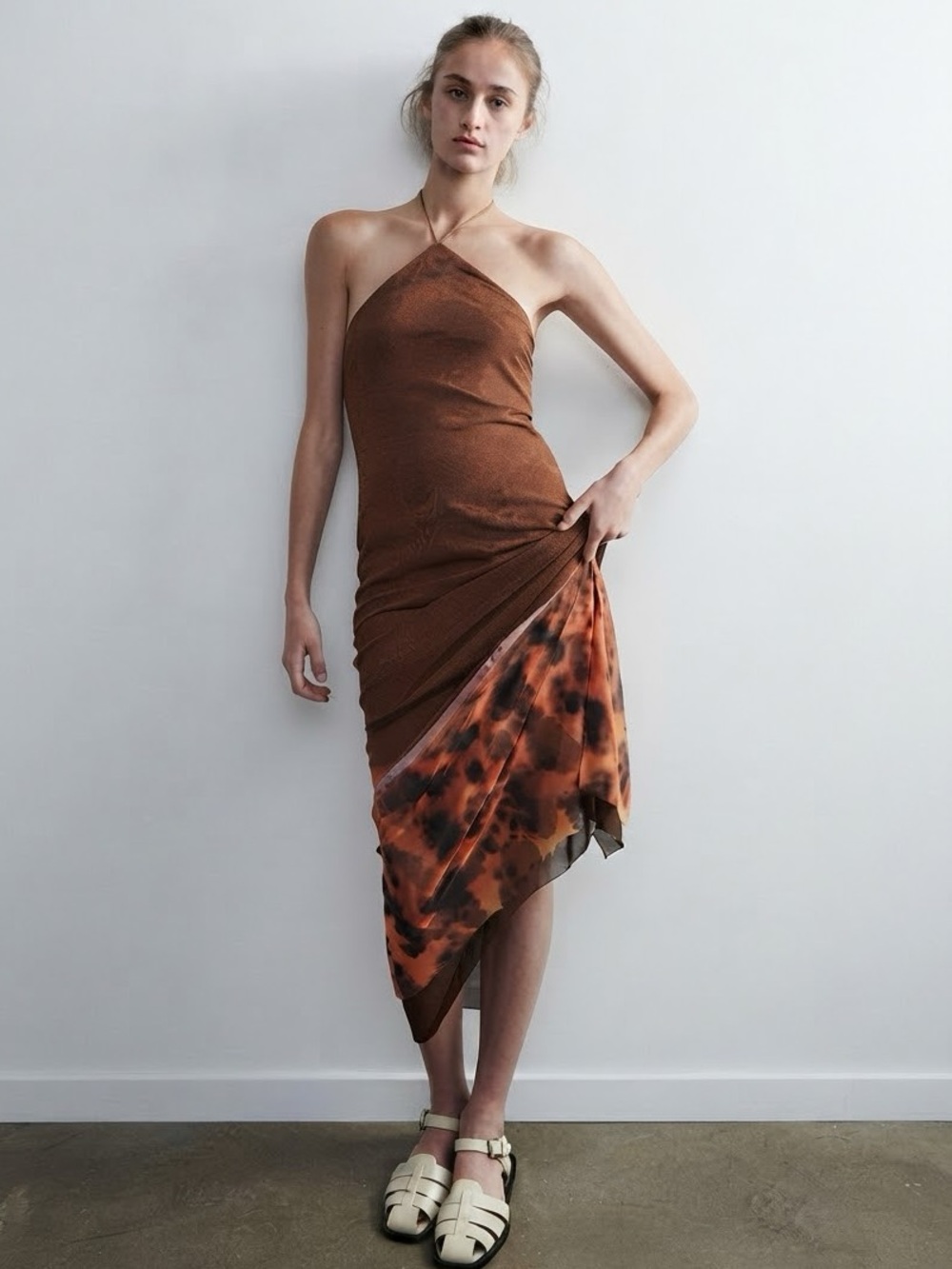 ZARA Tulle Brown Ombre Animal Print Mesh Halter Maxi Dress Festival Vacation S
